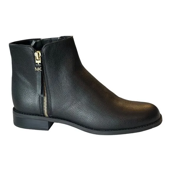 NEW Michael Kors BRITT ANKLE BOOT Womens 9.5 Black Bootie Gold Zip Flat Shoe Box