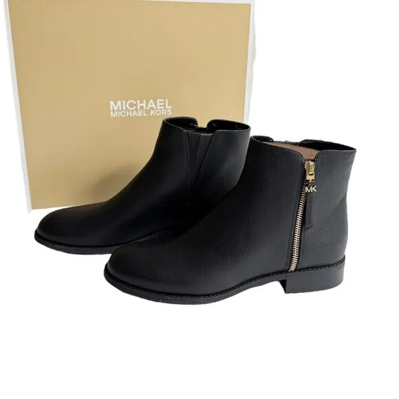 NEW Michael Kors BRITT ANKLE BOOT Womens 9.5 Black Bootie Gold Zip Flat Shoe Box