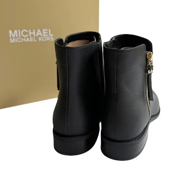 NEW Michael Kors BRITT ANKLE BOOT Womens 9.5 Black Bootie Gold Zip Flat Shoe Box