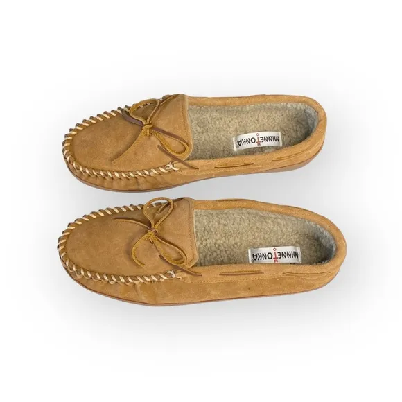 new Minnetonka ✦ Hardsole Suede Fur Lined Mocassin Slip On Loafer ✦ Brown 12