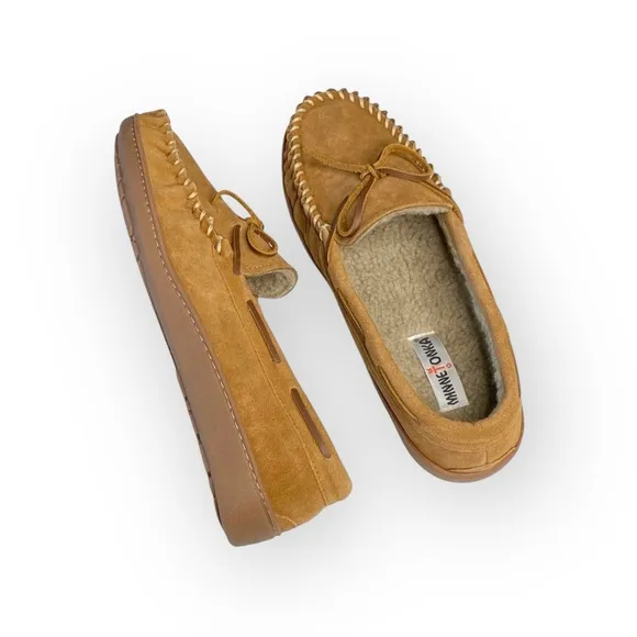 new Minnetonka ✦ Hardsole Suede Fur Lined Mocassin Slip On Loafer ✦ Brown 12