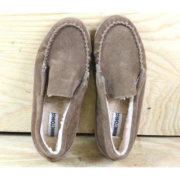 New Minnetonka Moccasins Mens 9M Brown Suede Venetian Faux Fur Lined