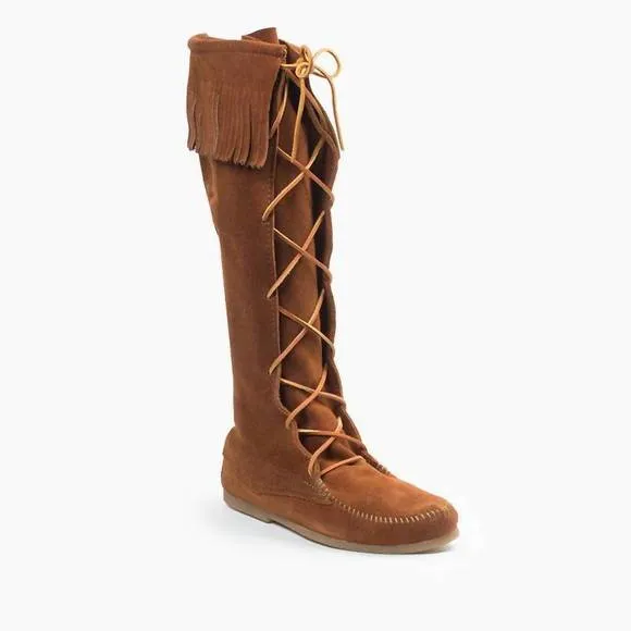 NEW MINNETONKA women's front laced knee high fringe moccasin boot in brown