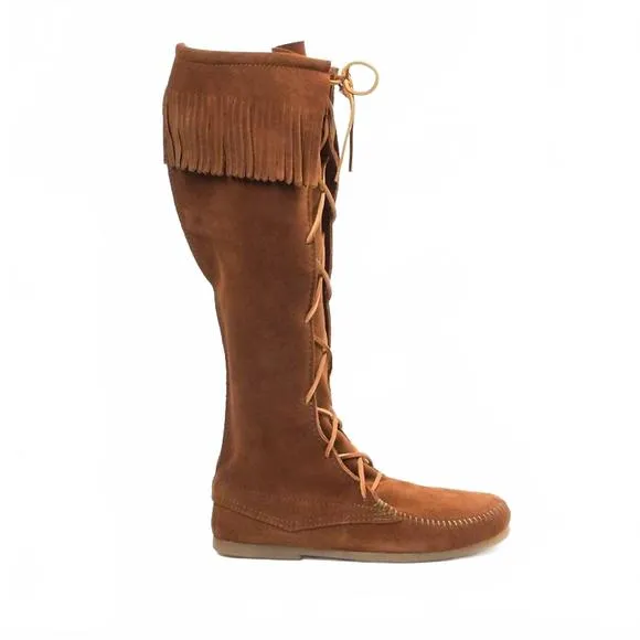 NEW MINNETONKA women's front laced knee high fringe moccasin boot in brown