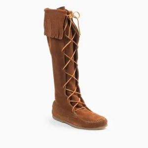 NEW MINNETONKA women's front laced knee high fringe moccasin boot in brown