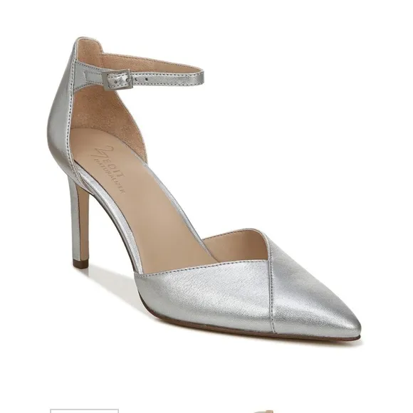 NEW Naturalizer Ayla Leather Ankle Strap Heels Pumps, Metallic Silver - Size 8.5