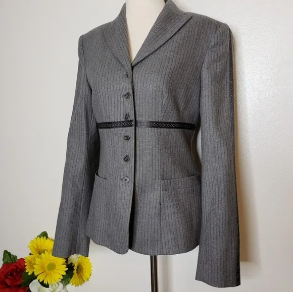 NEW RARE Worth Luxury Wool Pinstripe Blazer Gray Womens Jacket Office Tailored