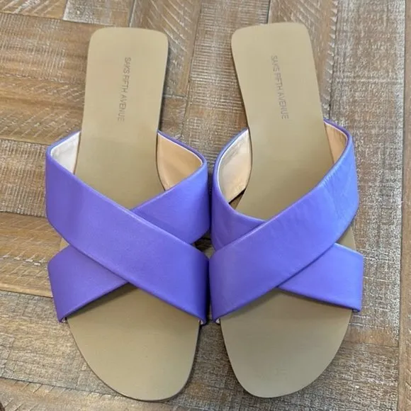 NEW SAKS FIFTH AVENUE Anne Crossover Bright Purple Leather Flats Sandals