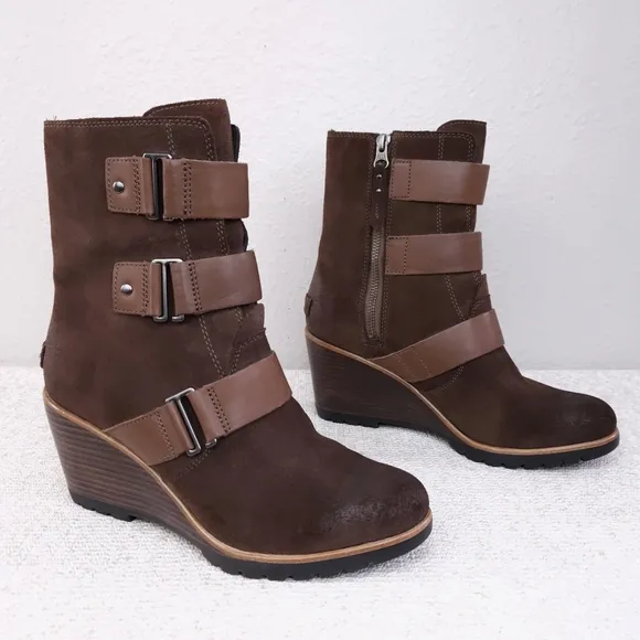 New! SOREL After Hours Wedge Ankle Boots US 10 Brown Suede Waterproof Booties
