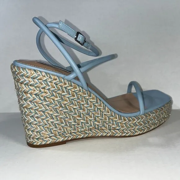 NEW Steve Madden Unify Platform Wedge Sandals - Denim Multi Raffia - Size 11M