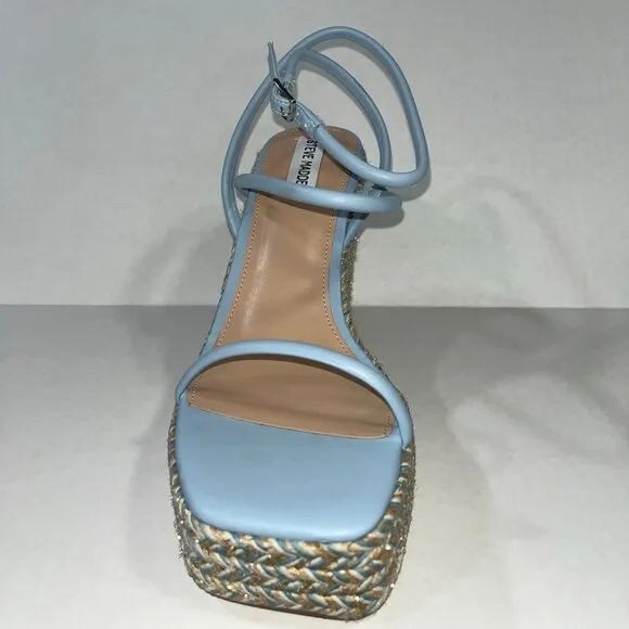 NEW Steve Madden Unify Platform Wedge Sandals - Denim Multi Raffia - Size 11M