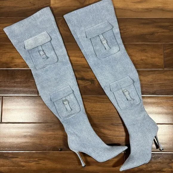 NEW Steve Madden Women's Size 6.5 M‎ Blue Denim Brittany Thigh High Heeled Boots