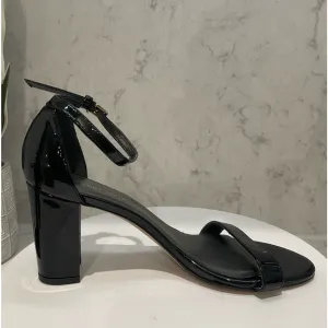 New! Stuart Weitzman Leather Nearlynude Sandals Black Patent Heel Sz 9 $475‎