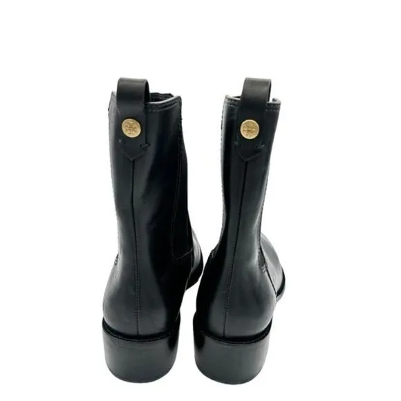 NEW Tory Burch Medallion Plaque 35mm Leather Ankle Boots in Black Sz. 7.5
