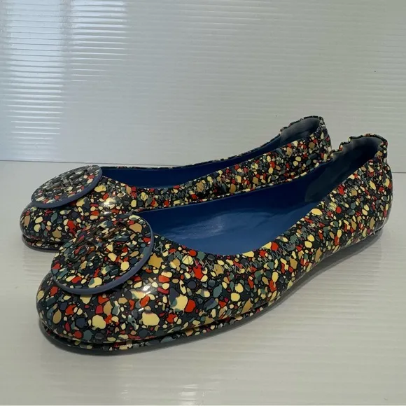 New Tory Burch Minnie Festival Blue Leather Ballet Flats Size 9.5
