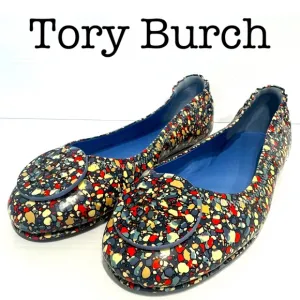 New Tory Burch Minnie Festival Blue Leather Ballet Flats Size 9.5