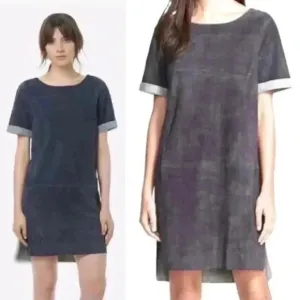 NEW Vince Pure Goat Leather Suede Shift Mini Dress Navy Gray Kimono Sleeves Y2K