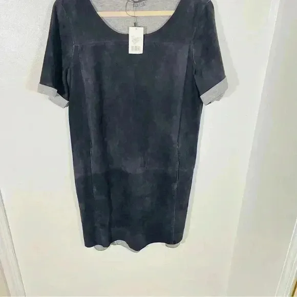 NEW Vince Pure Goat Leather Suede Shift Mini Dress Navy Gray Kimono Sleeves Y2K