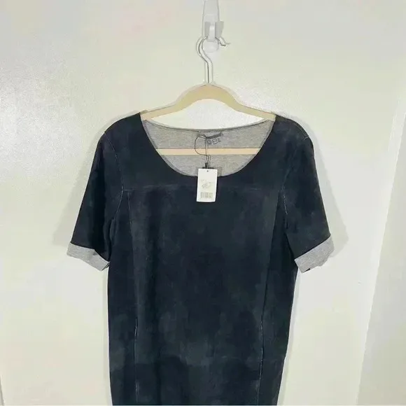 NEW Vince Pure Goat Leather Suede Shift Mini Dress Navy Gray Kimono Sleeves Y2K