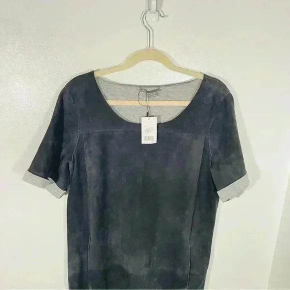 NEW Vince Pure Goat Leather Suede Shift Mini Dress Navy Gray Kimono Sleeves Y2K