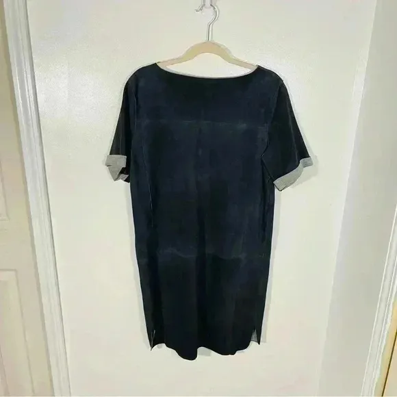 NEW Vince Pure Goat Leather Suede Shift Mini Dress Navy Gray Kimono Sleeves Y2K