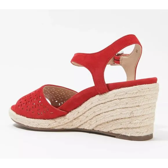 New Vionic Leather Perforated Espadrille Wedges - Ariel in Cherry Size 7