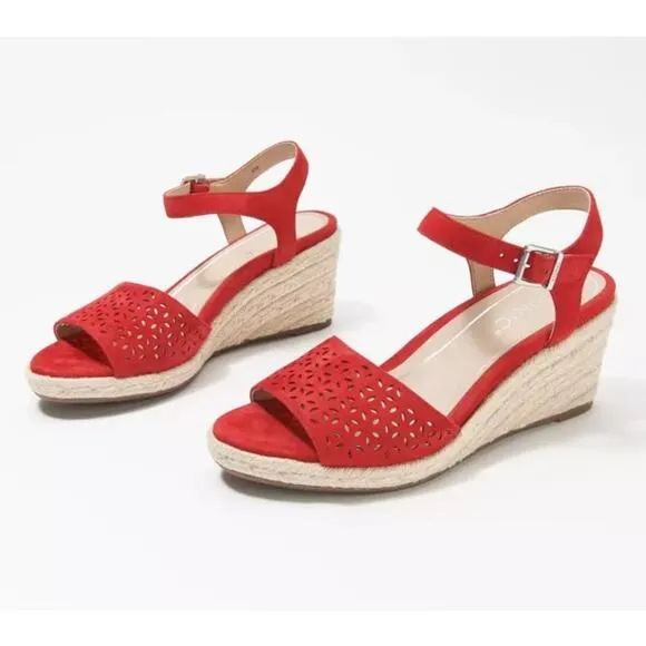 New Vionic Leather Perforated Espadrille Wedges - Ariel in Cherry Size 7