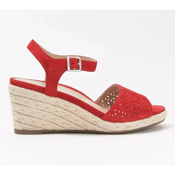New Vionic Leather Perforated Espadrille Wedges - Ariel in Cherry Size 7