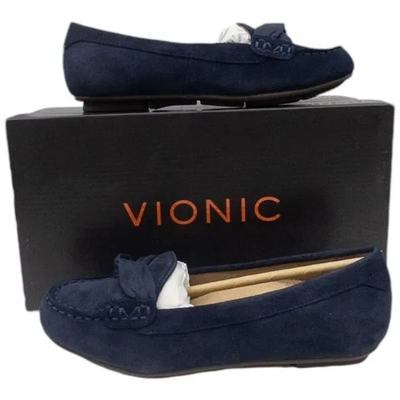New Vionic Women's Orthotic Loafers Navy Norah Suede Moccasins Bow Detail  5