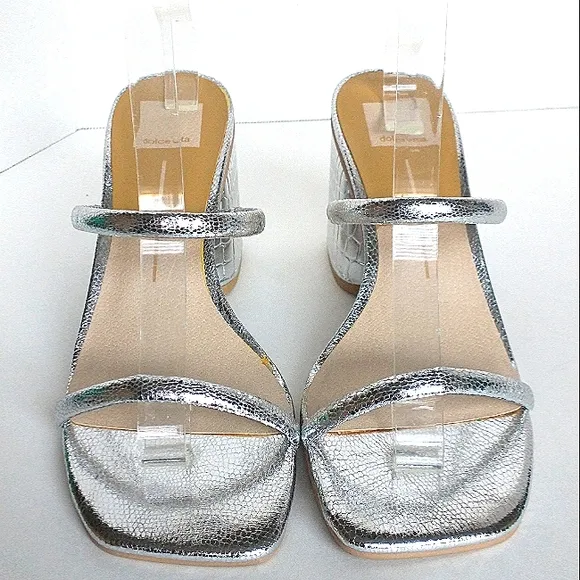 New w/o Box Dolce Vita Noxie Silver Cracked Textured Block Heel Sandals Size 8.5