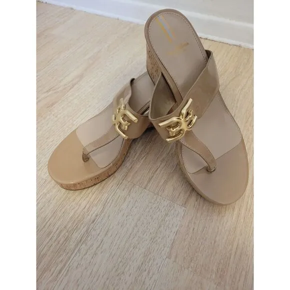 New womens sz 8.5 Sam Edelman tan Yardlie gold buckle wedge open toe sandal