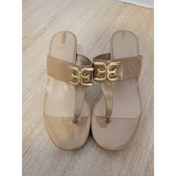 New womens sz 8.5 Sam Edelman tan Yardlie gold buckle wedge open toe sandal