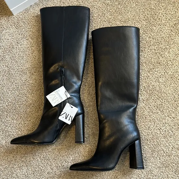 NEW! Zara Black Knee High Heeled Boots