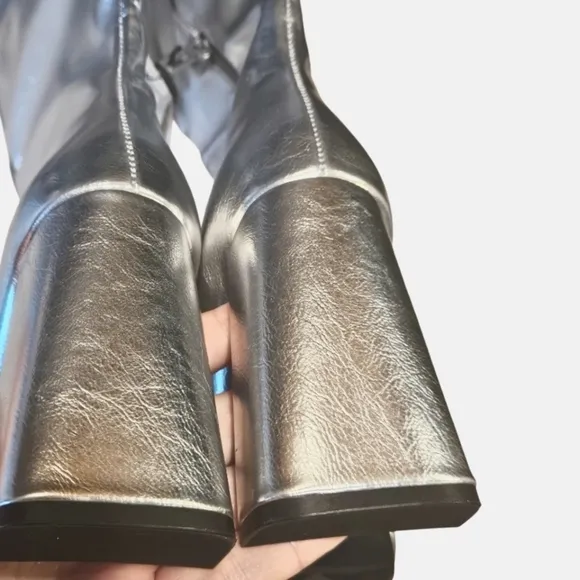 NEW! ZARA Mettalic Silver Heeled Boots 37=6.5.
