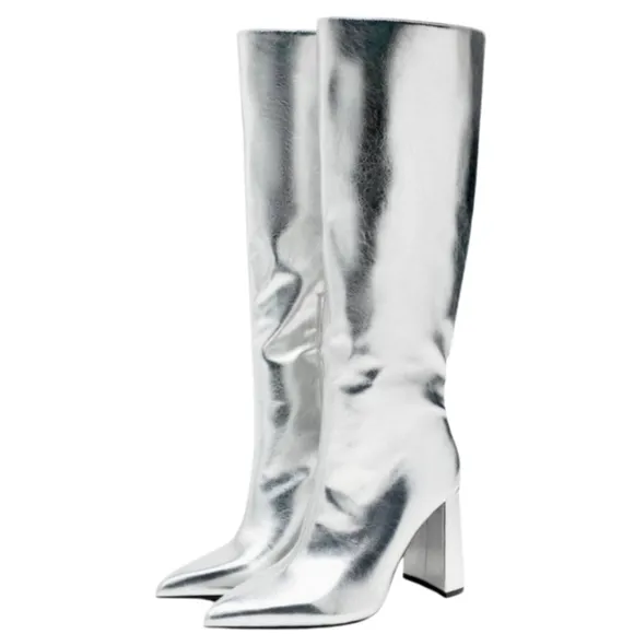 NEW! ZARA Mettalic Silver Heeled Boots 37=6.5.