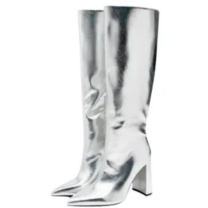 NEW! ZARA Mettalic Silver Heeled Boots 37=6.5.
