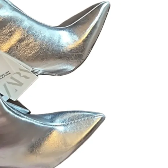 NEW! ZARA Mettalic Silver Heeled Boots 37=6.5.
