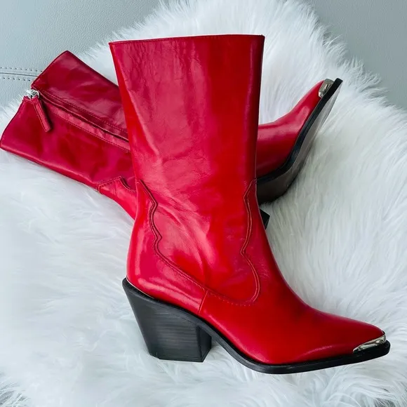 New! Zara  Red LeatherWestern / Cowboy Heeled Ankle Boots | BootiesSize 39