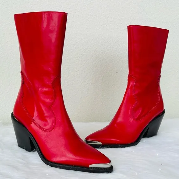 New! Zara  Red LeatherWestern / Cowboy Heeled Ankle Boots | BootiesSize 39