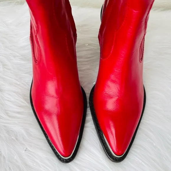 New! Zara  Red LeatherWestern / Cowboy Heeled Ankle Boots | BootiesSize 39