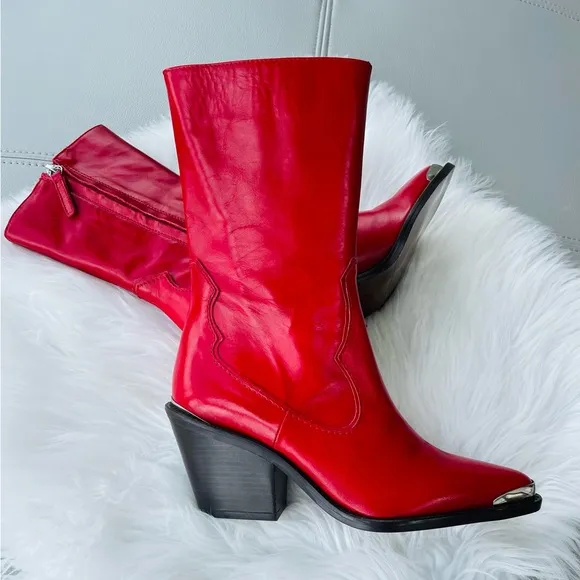 New! Zara  Red LeatherWestern / Cowboy Heeled Ankle Boots | BootiesSize 39