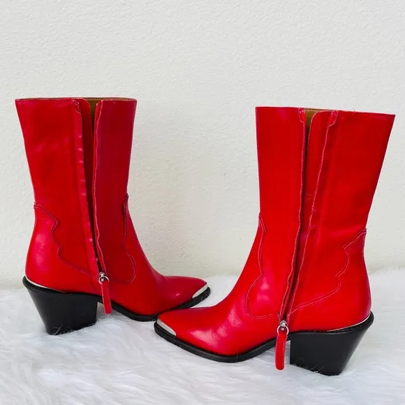 New! Zara  Red LeatherWestern / Cowboy Heeled Ankle Boots | BootiesSize 39