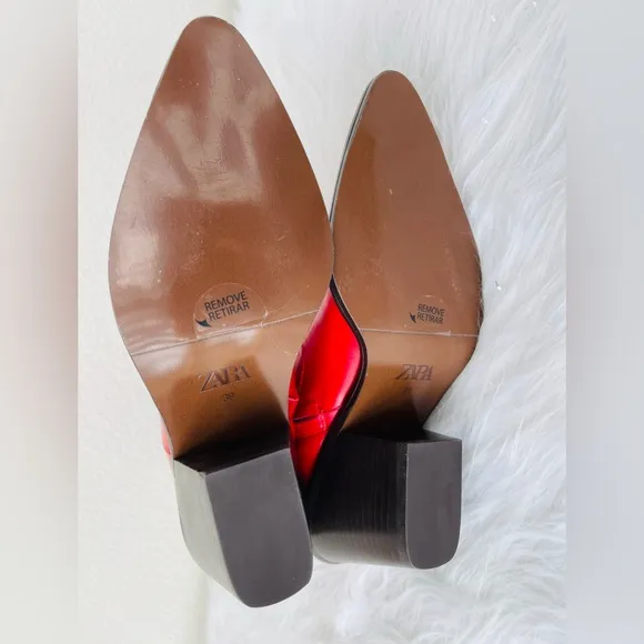 New! Zara  Red LeatherWestern / Cowboy Heeled Ankle Boots | BootiesSize 39