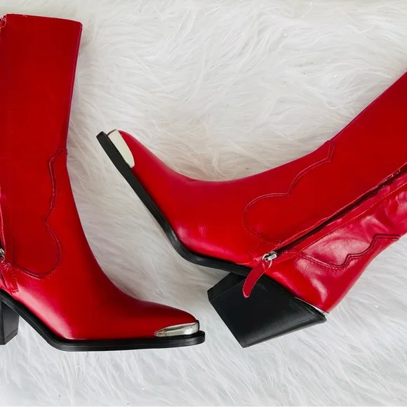 New! Zara  Red LeatherWestern / Cowboy Heeled Ankle Boots | BootiesSize 39