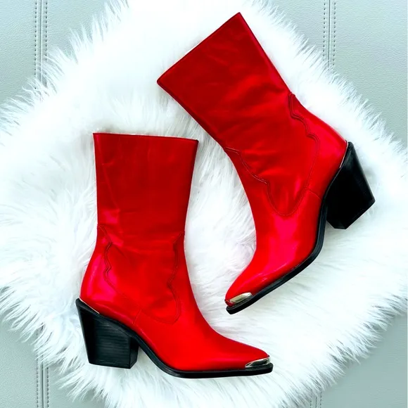 New! Zara  Red LeatherWestern / Cowboy Heeled Ankle Boots | BootiesSize 39