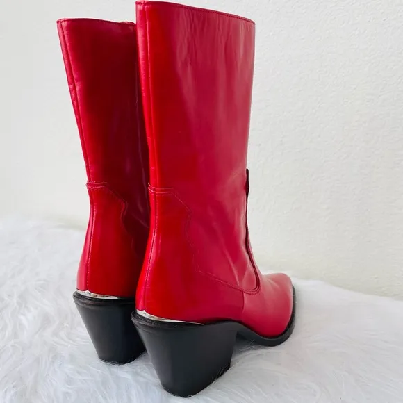 New! Zara  Red LeatherWestern / Cowboy Heeled Ankle Boots | BootiesSize 39