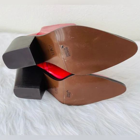New! Zara  Red LeatherWestern / Cowboy Heeled Ankle Boots | BootiesSize 39