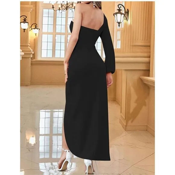 NEW ZESICA 1 Shoulder Cocktail Dress High Slit Ruched Bodycon XL