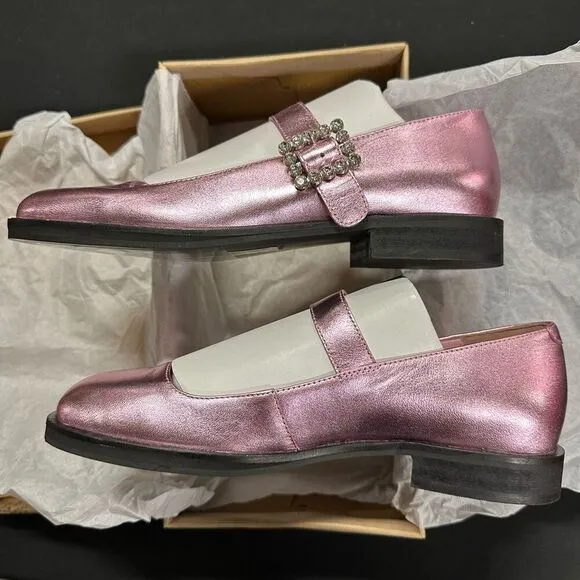 New Free People Rumor Diamante Mary Jane Flats Pink Frost Leather 7