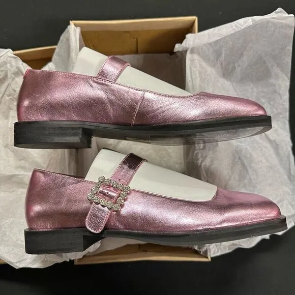 New Free People Rumor Diamante Mary Jane Flats Pink Frost Leather 7